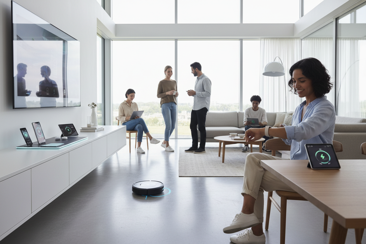 happy people using everyday tech such as smart watches, cleaning robot, multiple device chargers (no wire clutters)